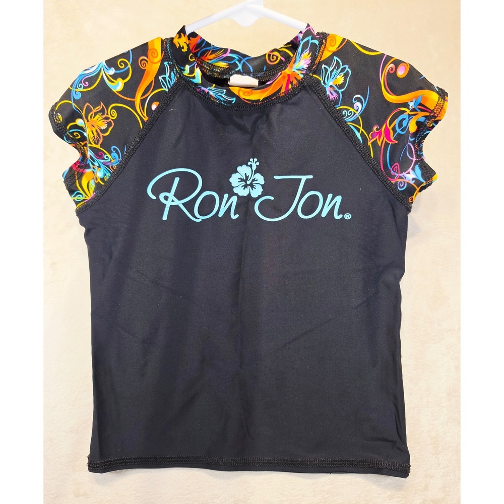Ron Jon Surf Shop Kids Rash Guard Size 4 Black Floral‎ Short Sleeve Swim Shirt
